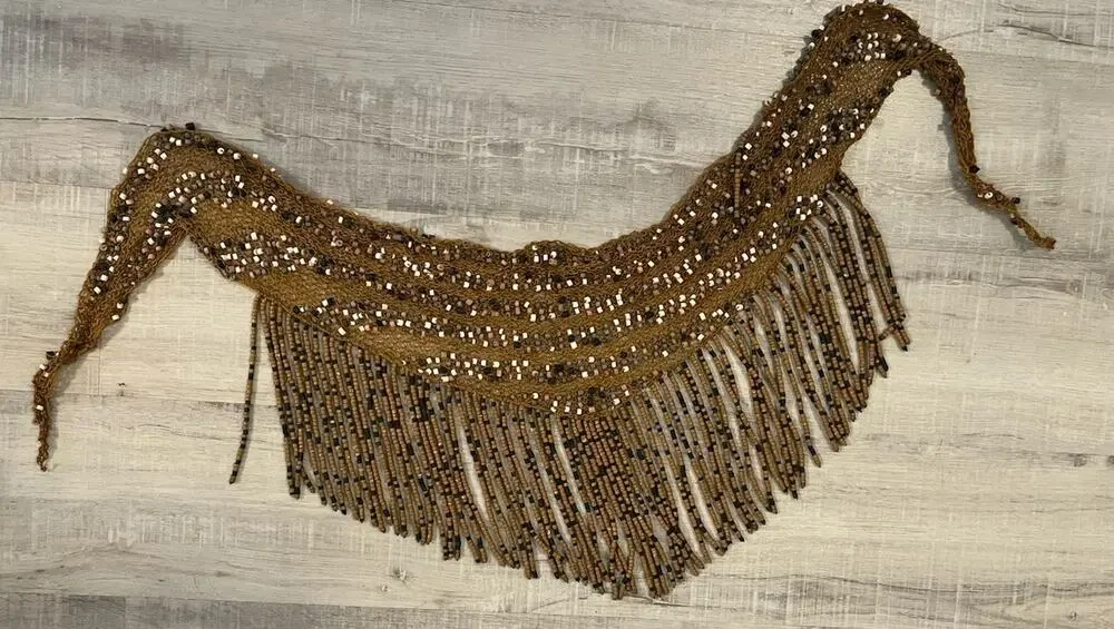 VTG Long Fringe Beaded Bib Scarf Crocheted Macrame Belly Dance Hip Belt Western